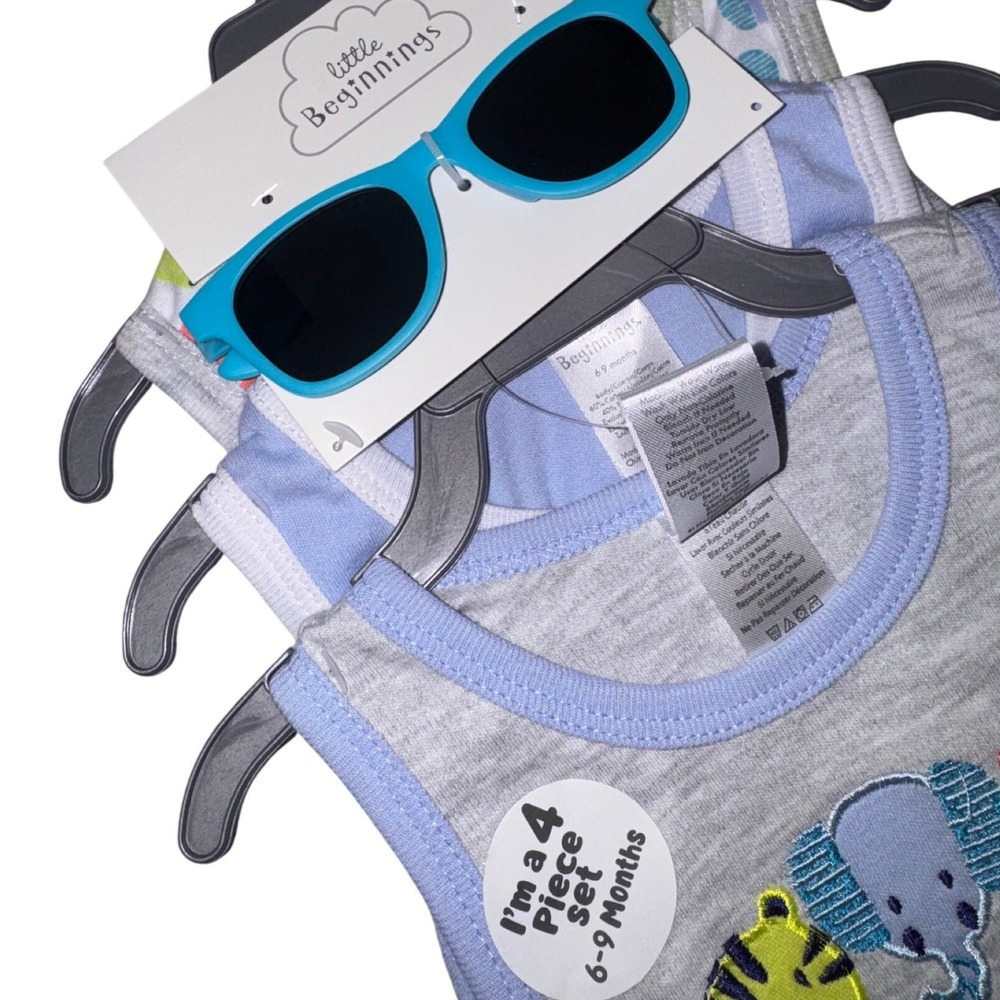 Little Beginnings 6-9 Months Baby Boys 4 Piece Set 3 Bodysuits and Sunglasses